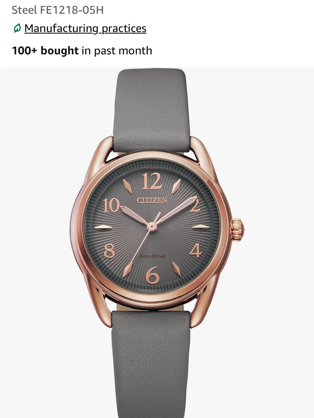 Citizen Eco Drive Ladies’ Watch with Rose Gold-Tone Case and Gray Leather Strap.